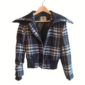 Levi's Plaid Wool Blend Fold-Over Collar Cropped Moto Bomber 70s 90s Y2K Coat XS